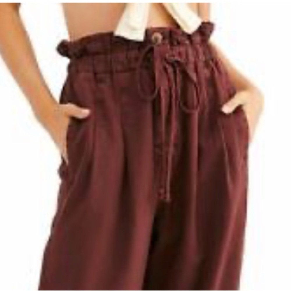 Free People High-Rise Paperbag Waist Cropped Pants in Burgundy
